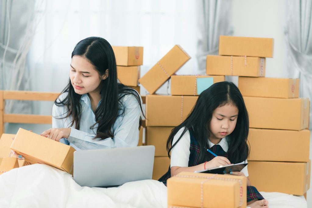 child and mother doing inventory